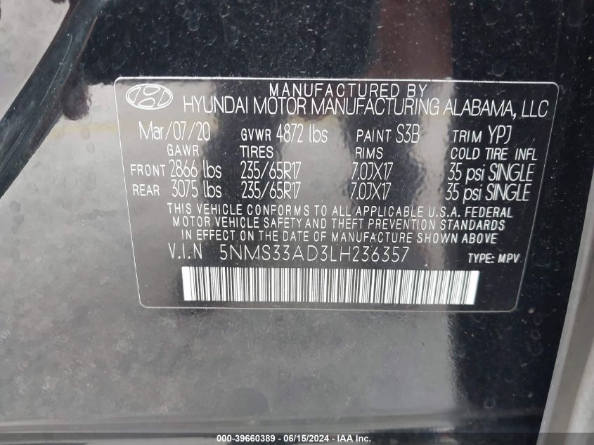 2020 Hyundai Santa Fe Sel VIN: 5NMS33AD3LH236357 Lot: 39660389