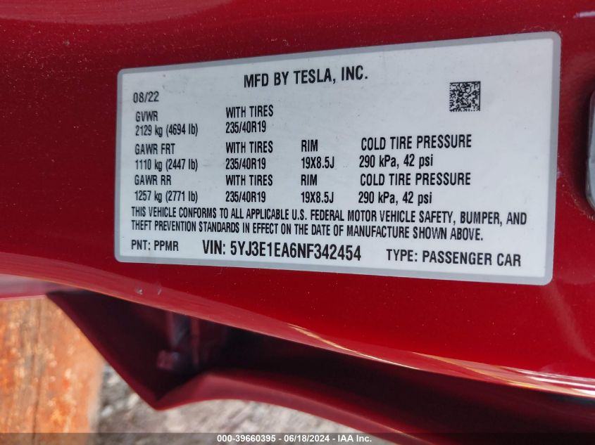 2022 Tesla Model 3 Rear-Wheel Drive VIN: 5YJ3E1EA6NF342454 Lot: 39660395