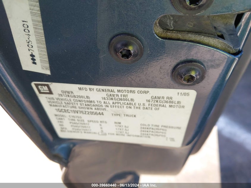 2006 Chevrolet Silverado 1500 Lt1 VIN: 1GCEC19V76Z205644 Lot: 39660440