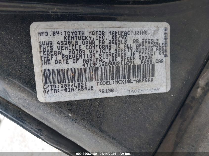 1997 Toyota Avalon Xls VIN: 4T1BF12B0VU211691 Lot: 39660450