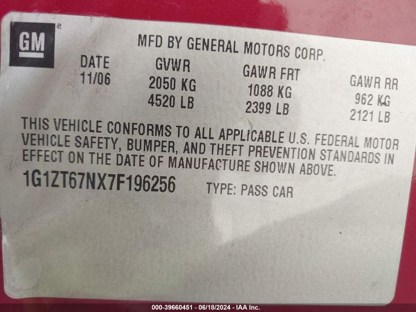 2007 Chevrolet Malibu Maxx Lt VIN: 1G1ZT67NX7F196256 Lot: 39660451