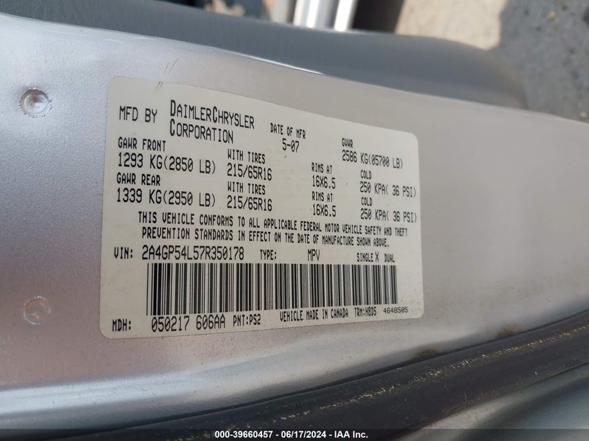 2007 Chrysler Town & Country Touring VIN: 2A4GP54L57R350178 Lot: 39660457