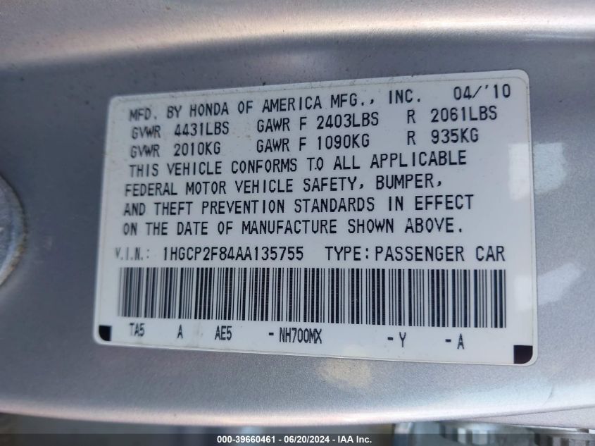 2010 Honda Accord 2.4 Ex-L VIN: 1HGCP2F84AA135755 Lot: 39660461