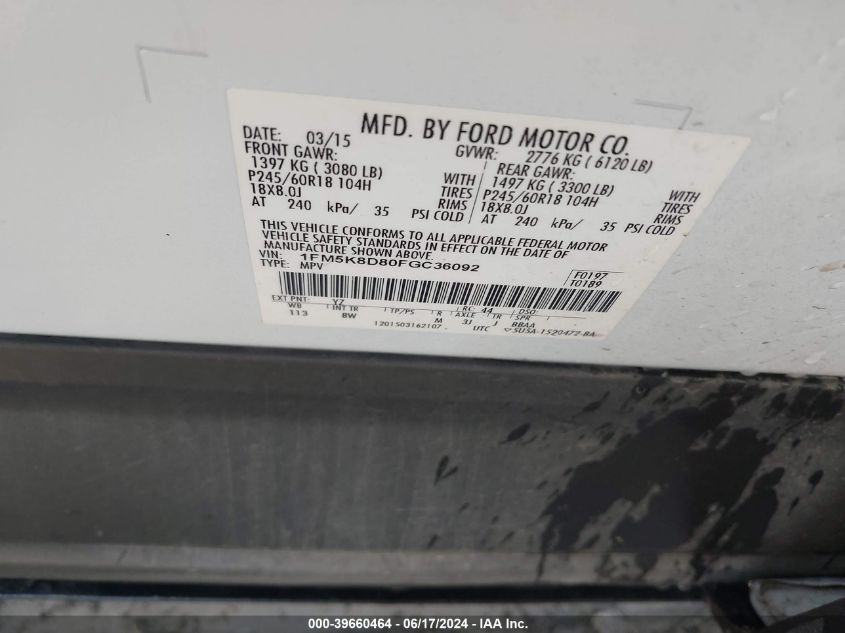 2015 Ford Explorer Xlt VIN: 1FM5K8D80FGC36092 Lot: 39660464