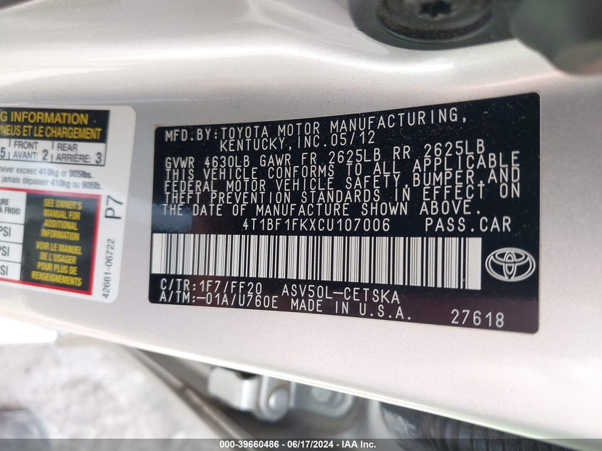 2012 Toyota Camry Se VIN: 4T1BF1FKXCU107006 Lot: 39660486