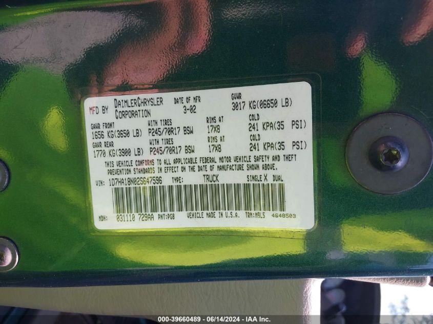 2002 Dodge Ram 1500 St VIN: 1D7HA18N02S647596 Lot: 39660489