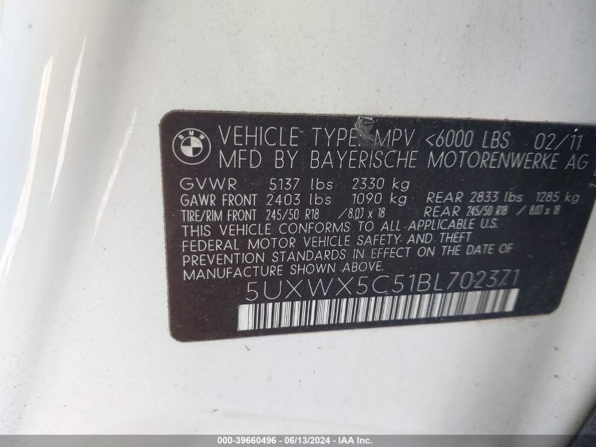 2011 BMW X3 xDrive28I VIN: 5UXWX5C51BL702371 Lot: 39660496