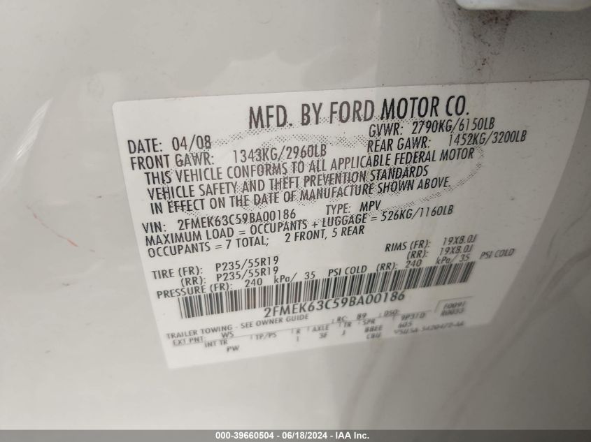 2009 Ford Flex Limited VIN: 2FMEK63C59BA00186 Lot: 39660504