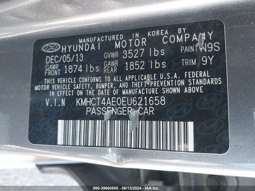 2014 Hyundai Accent Gls VIN: KMHCT4AE0EU621658 Lot: 39660505