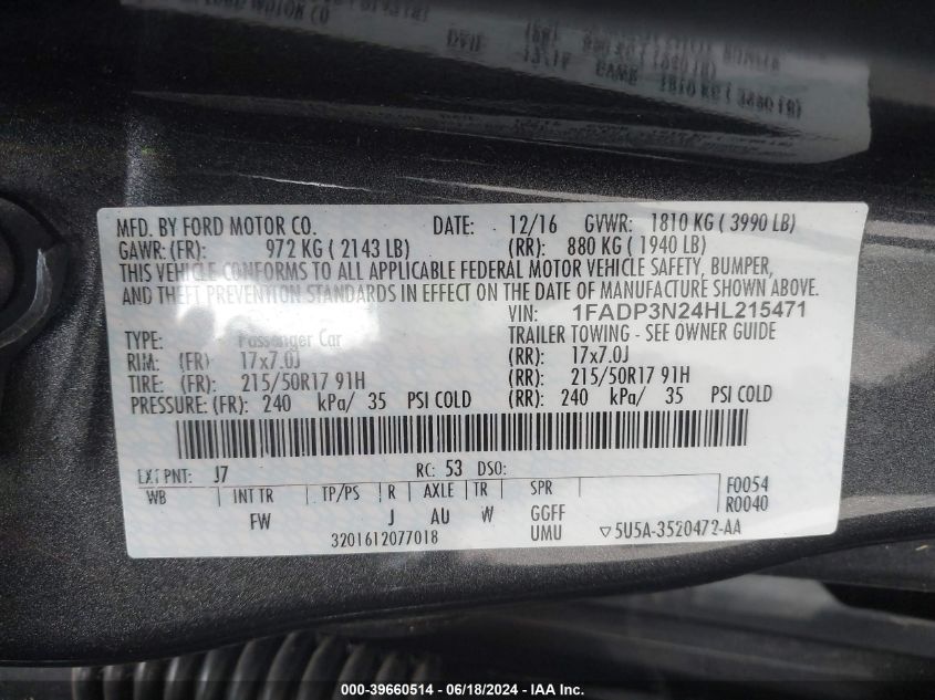 2017 Ford Focus Titanium VIN: 1FADP3N24HL215471 Lot: 39660514