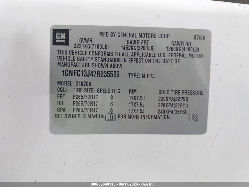 2007 Chevrolet Tahoe Lt VIN: 1GNFC13J47R235509 Lot: 39660515
