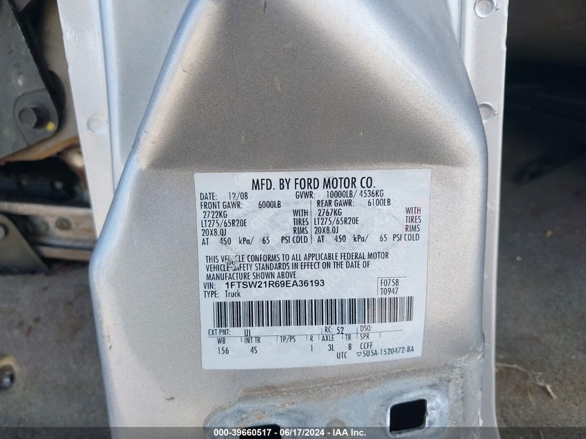 2009 Ford F-250 Fx4/Harley-Davidson/King Ranch/Lariat/Xl/Xlt VIN: 1FTSW21R69EA36193 Lot: 39660517