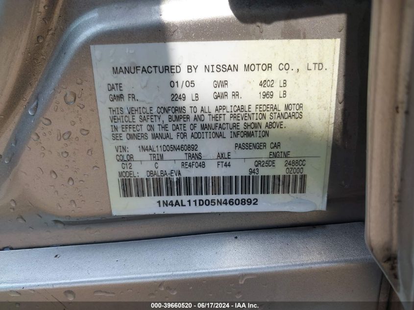 2005 Nissan Altima 2.5 S VIN: 1N4AL11D05N460892 Lot: 39660520