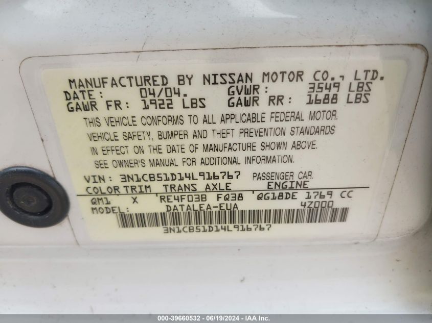 2004 Nissan Sentra 1.8S VIN: 3N1CB51D14L916767 Lot: 39660532