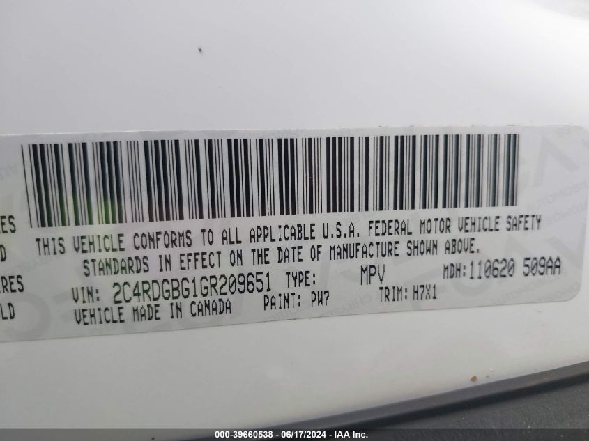 2016 Dodge Grand Caravan Se VIN: 2C4RDGBG1GR209651 Lot: 39660538