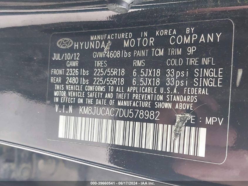 2013 Hyundai Tucson Limited VIN: KM8JUCAC7DU578982 Lot: 39660541