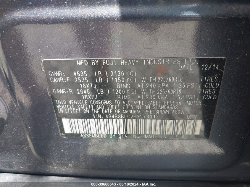 2015 Subaru Outback 2.5I Limited VIN: 4S4BSBLC2F3273013 Lot: 39660543