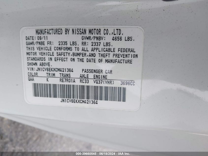 2012 Infiniti G37 Journey VIN: JN1CV6EKXCM421364 Lot: 39660545