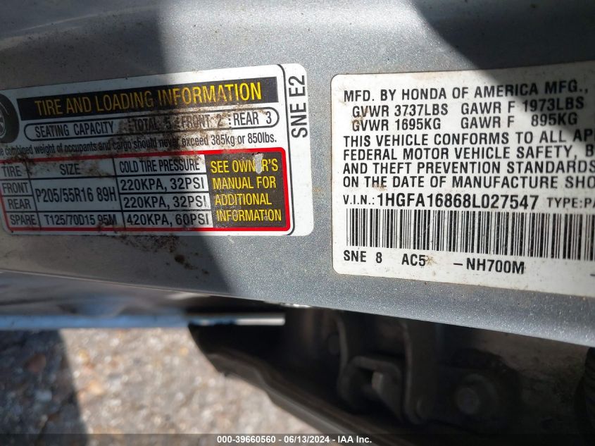 2008 Honda Civic Ex VIN: 1HGFA16868L027547 Lot: 39660560