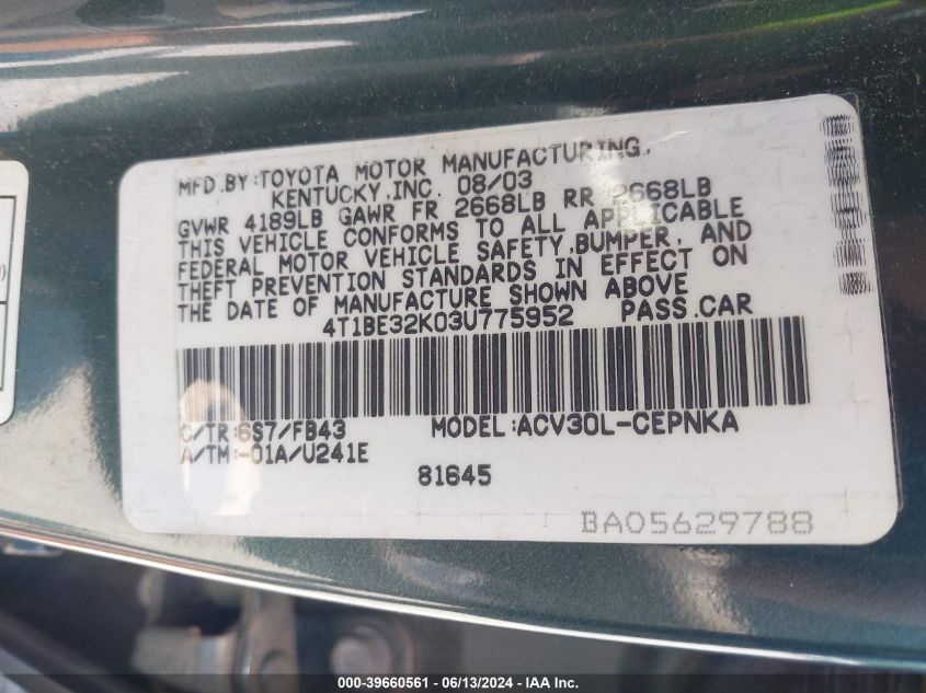 2003 Toyota Camry Le VIN: 4T1BE32K03U775952 Lot: 39660561