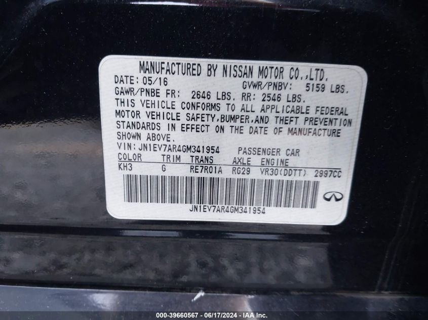 2016 Infiniti Q50 3.0T Premium VIN: JN1EV7AR4GM341954 Lot: 39660567