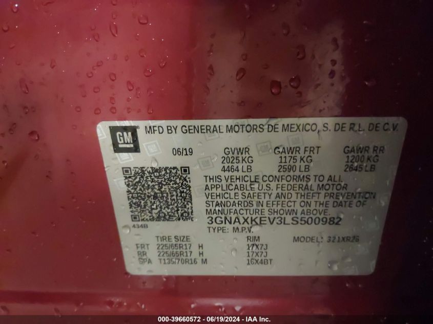 2020 Chevrolet Equinox Fwd Lt 1.5L Turbo VIN: 3GNAXKEV3LS500982 Lot: 39660572