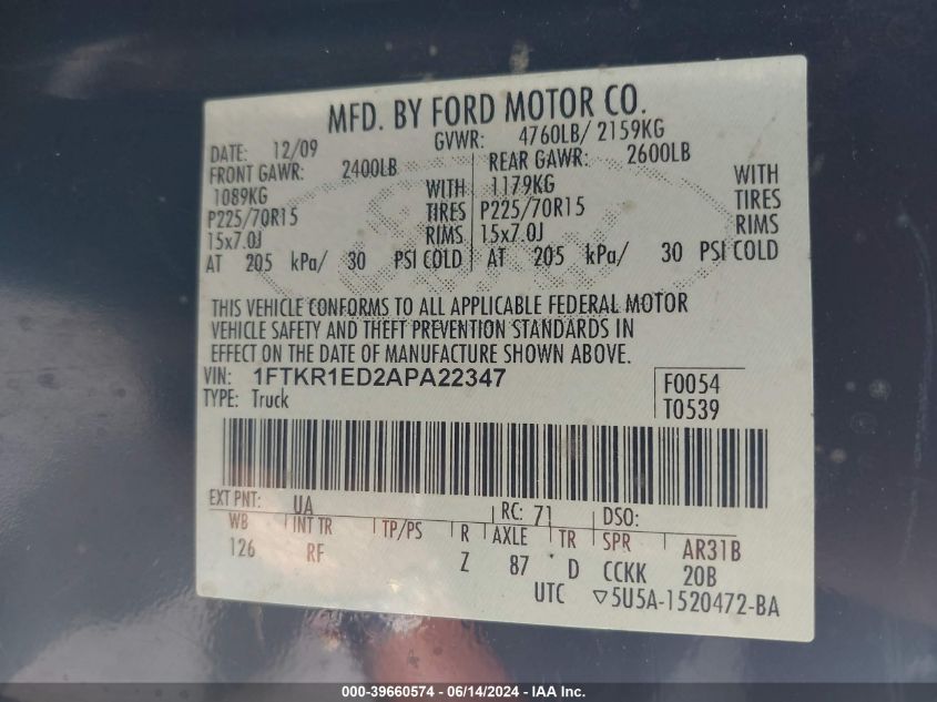 2010 Ford Ranger Xl/Xlt VIN: 1FTKR1ED2APA22347 Lot: 39660574