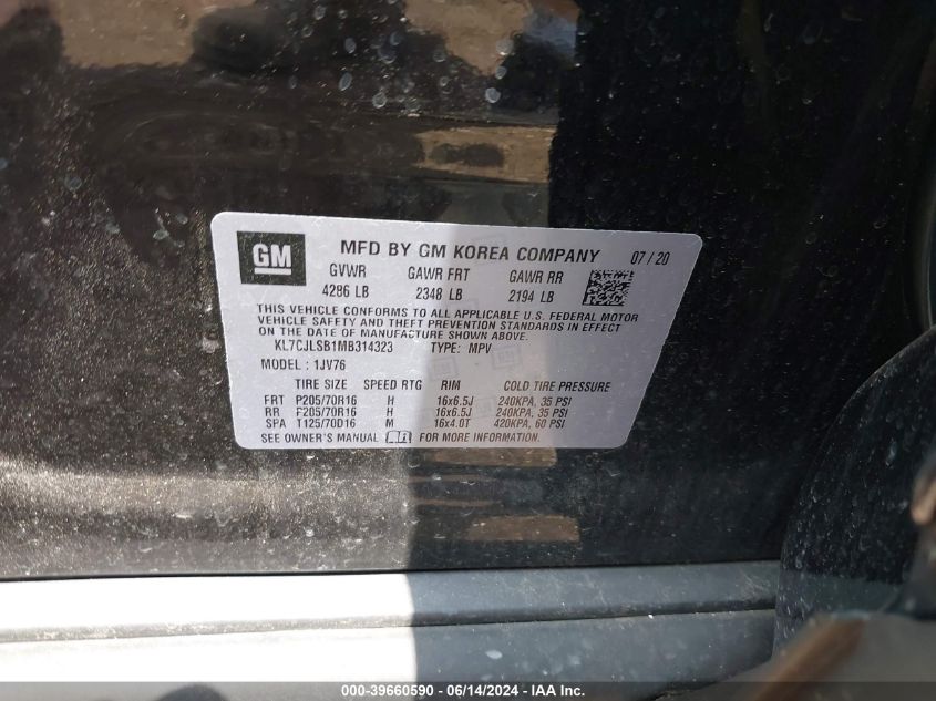 2021 Chevrolet Trax Fwd Lt VIN: KL7CJLSB1MB314323 Lot: 39660590