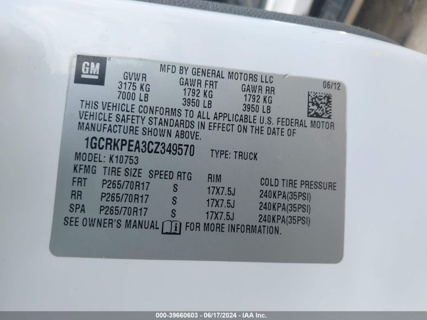 2012 Chevrolet Silverado 1500 Work Truck VIN: 1GCRKPEA3CZ349570 Lot: 39660603