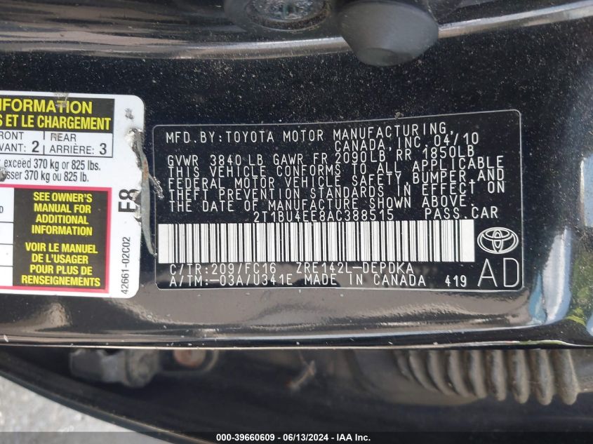 2010 Toyota Corolla Le VIN: 2T1BU4EE8AC388515 Lot: 39660609