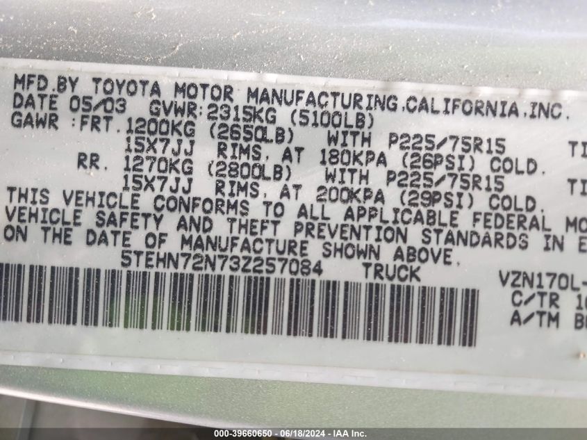 2003 Toyota Tacoma Base V6 VIN: 5TEHN72N73Z257084 Lot: 39660650