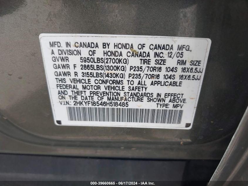 2006 Honda Pilot Ex-L VIN: 2HKYF18546H518485 Lot: 39660665