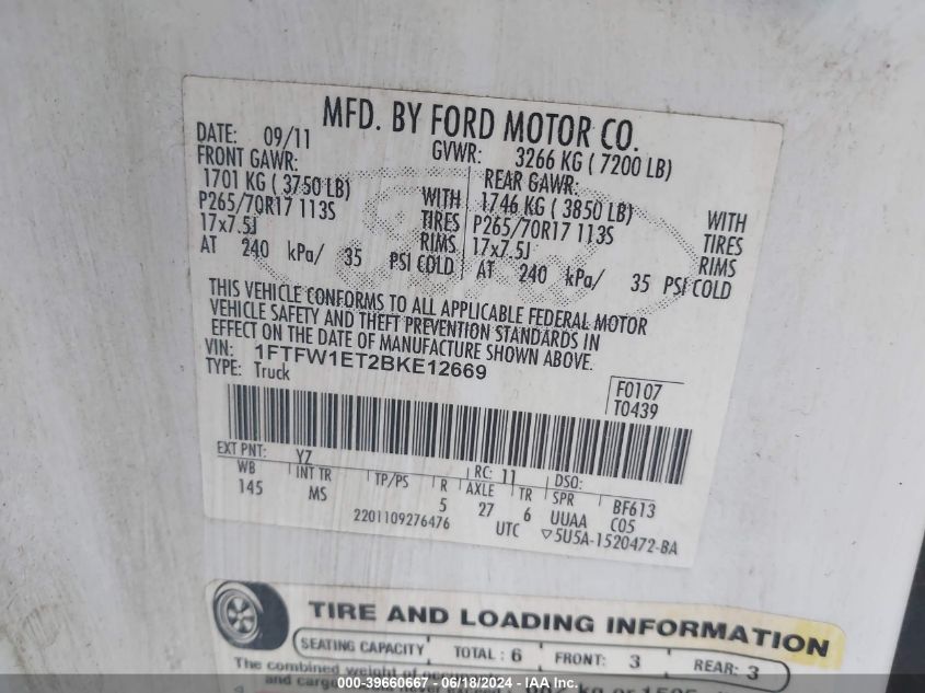 2011 Ford F-150 Xlt VIN: 1FTFW1ET2BKE12669 Lot: 39660667