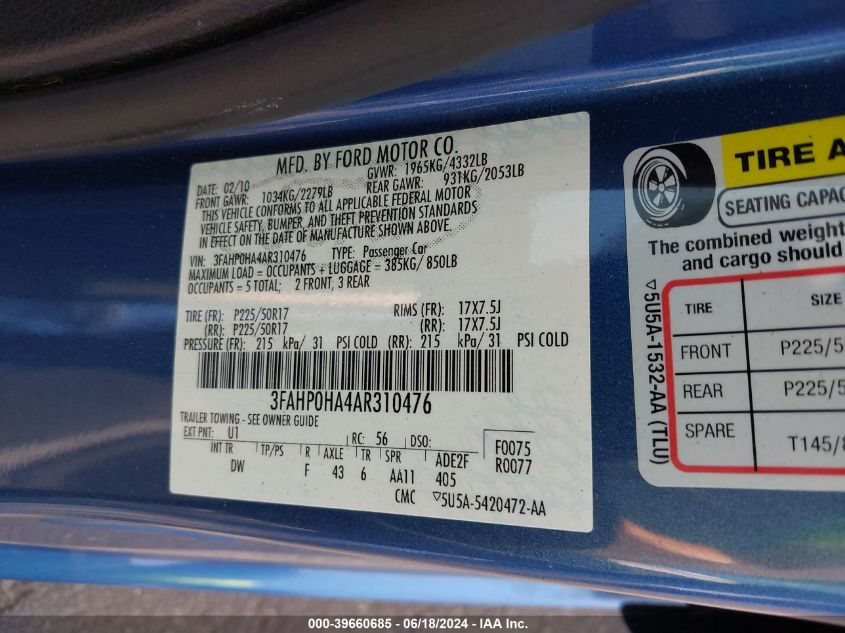 2010 Ford Fusion Se VIN: 3FAHP0HA4AR310476 Lot: 39660685