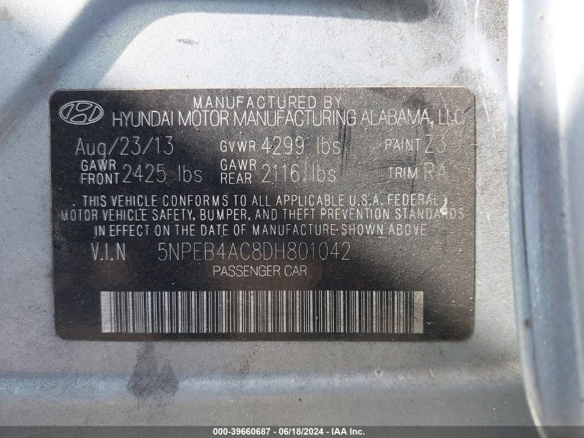 2013 Hyundai Sonata Gls VIN: 5NPEB4AC8DH801042 Lot: 39660687