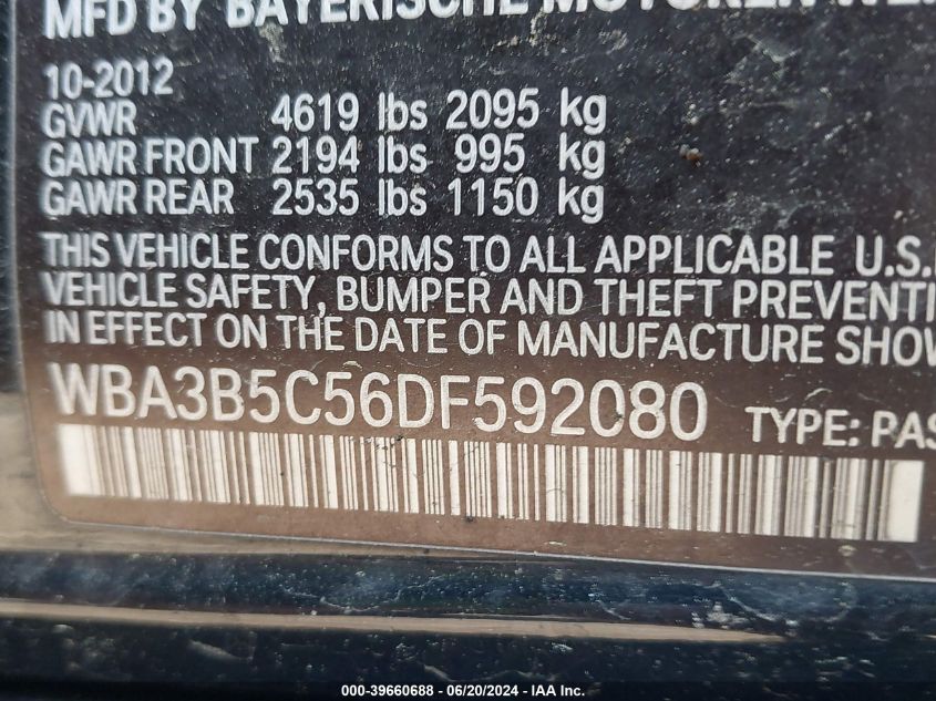 2013 BMW 328I xDrive VIN: WBA3B5C56DF592080 Lot: 39660688