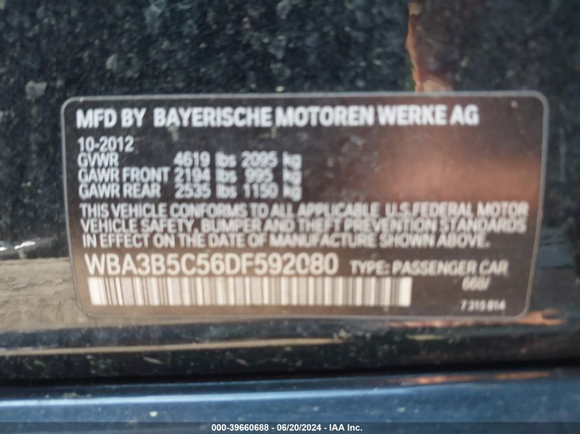 2013 BMW 328I xDrive VIN: WBA3B5C56DF592080 Lot: 39660688