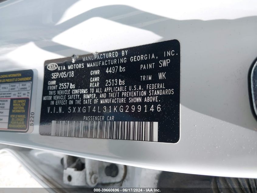 2019 Kia Optima Lx VIN: 5XXGT4L31KG299146 Lot: 39660696