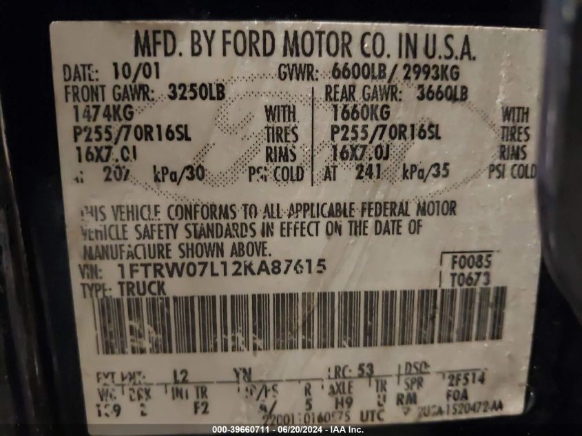 2002 Ford F-150 Lariat/Xlt VIN: 1FTRW07L12KA87615 Lot: 39660711