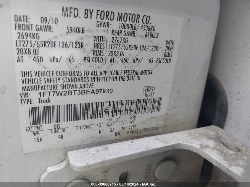 2011 Ford F-250 Lariat VIN: 1FT7W2BT3BEA97930 Lot: 39660715