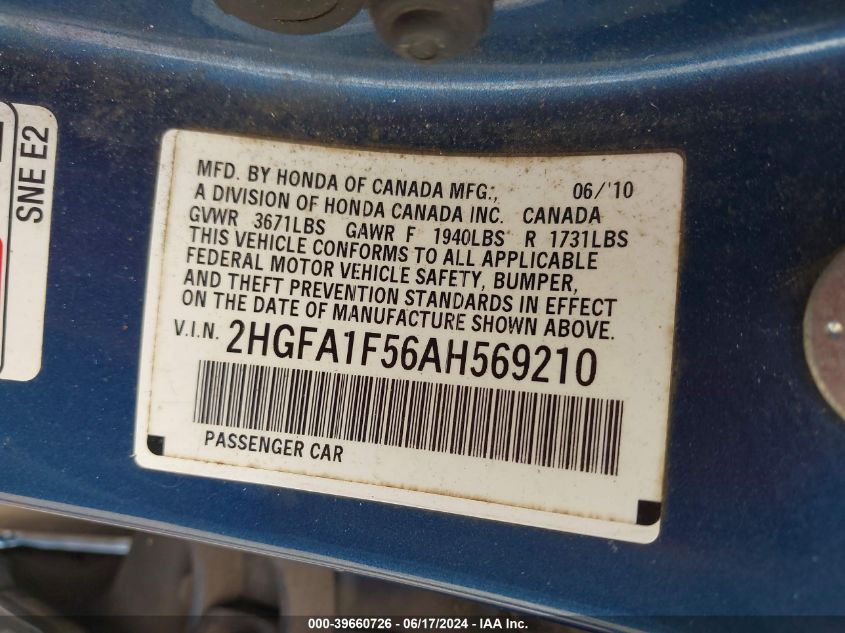 2010 Honda Civic Lx VIN: 2HGFA1F56AH569210 Lot: 39660726