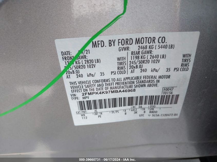2021 Ford Edge Titanium VIN: 2FMPK4K97MBA46968 Lot: 39660731