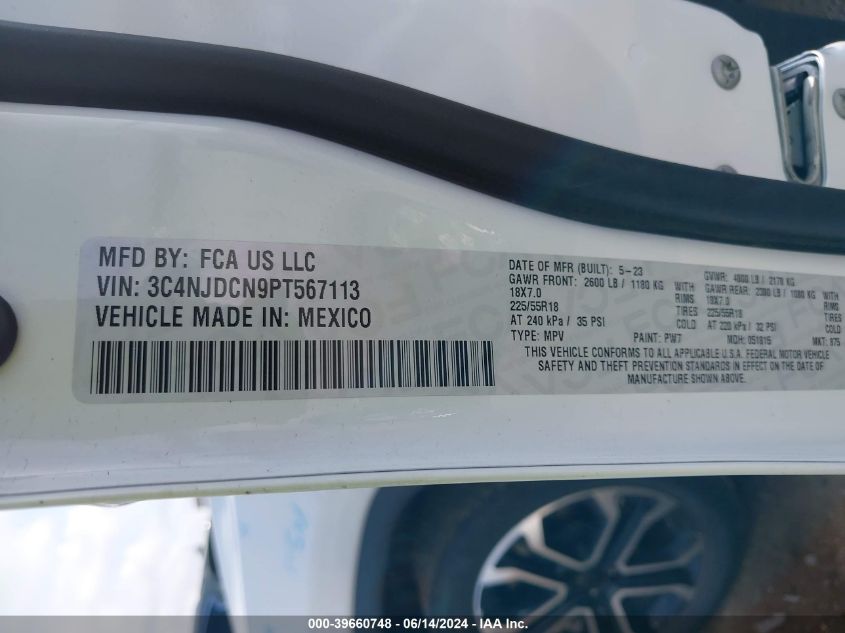2023 Jeep Compass Limited 4X4 VIN: 3C4NJDCN9PT567113 Lot: 39660748
