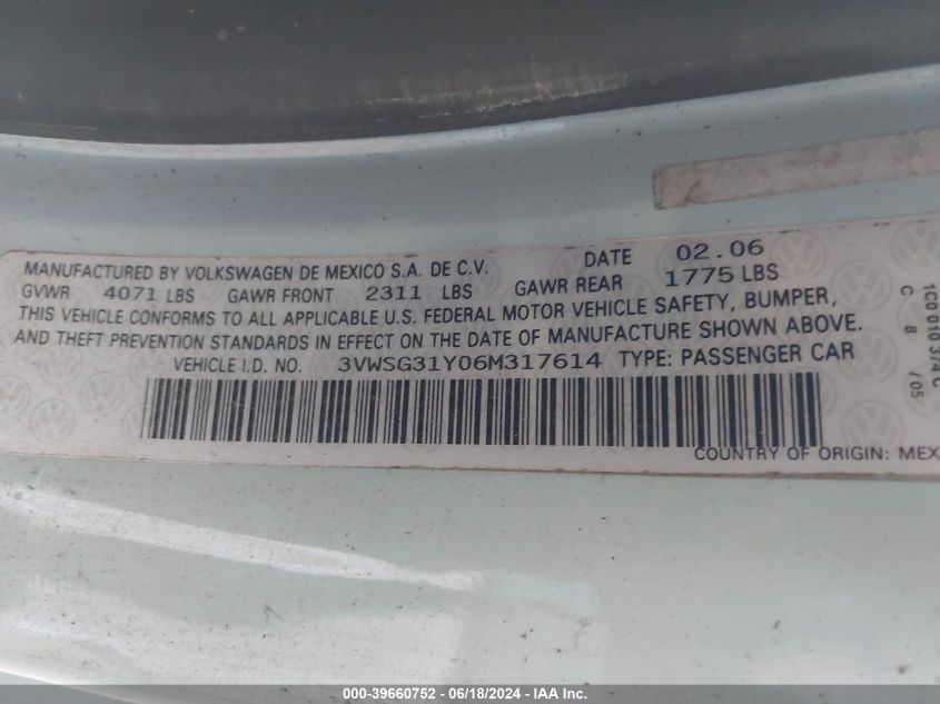 2006 Volkswagen New Beetle 2.5 VIN: 3VWSG31Y06M317614 Lot: 39660752