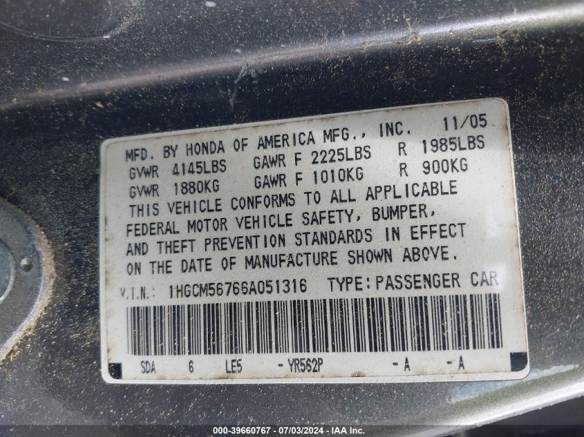 2006 Honda Accord 2.4 Ex VIN: 1HGCM56766A051316 Lot: 39660767