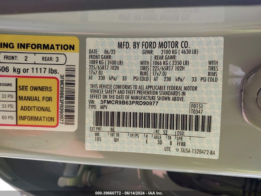 2023 Ford Bronco Sport Big Bend VIN: 3FMCR9B63PRD90977 Lot: 39660772