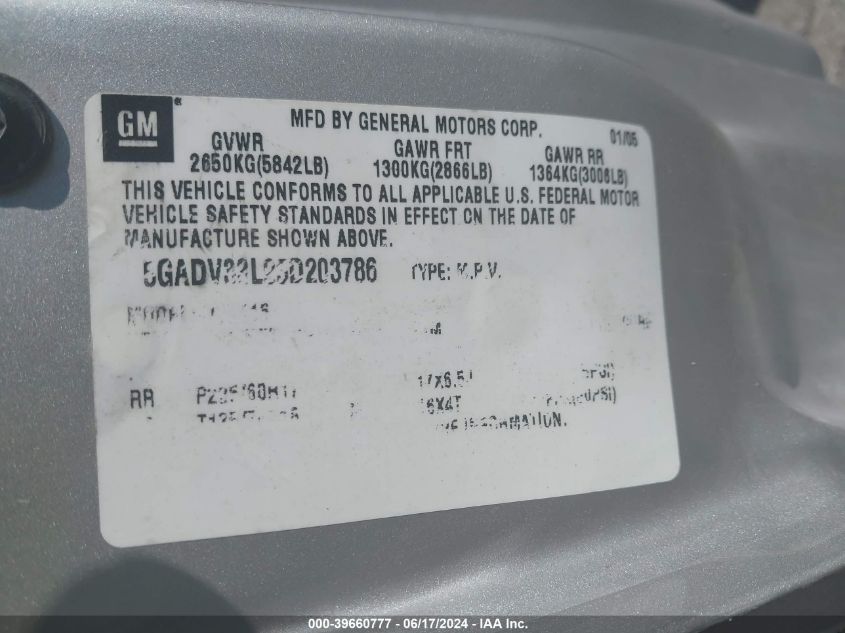 2005 Buick Terraza Cxl VIN: 5GADV33L95D203786 Lot: 39660777