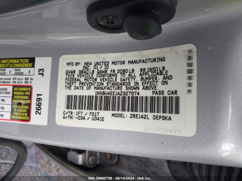 2010 Toyota Corolla S VIN: 1NXBU4EE1AZ327974 Lot: 39660799