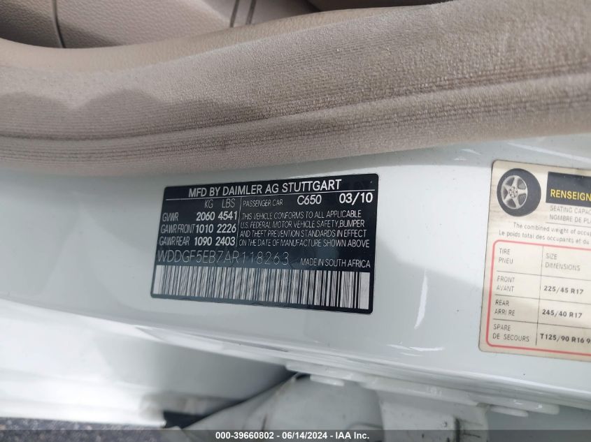 2010 Mercedes-Benz C 300 VIN: WDDGF5EB7AR118263 Lot: 39660802