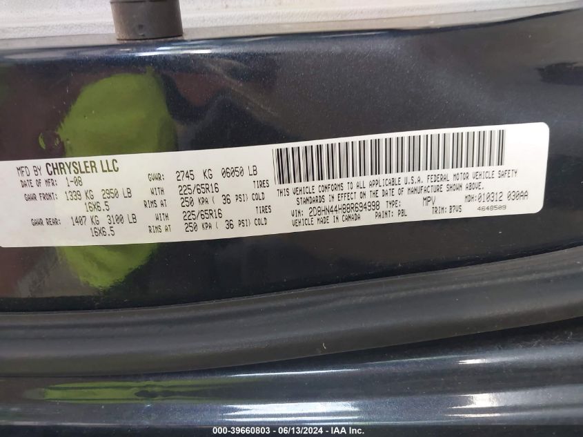 2008 Dodge Grand Caravan Se VIN: 2D8HN44H88R694998 Lot: 39660803